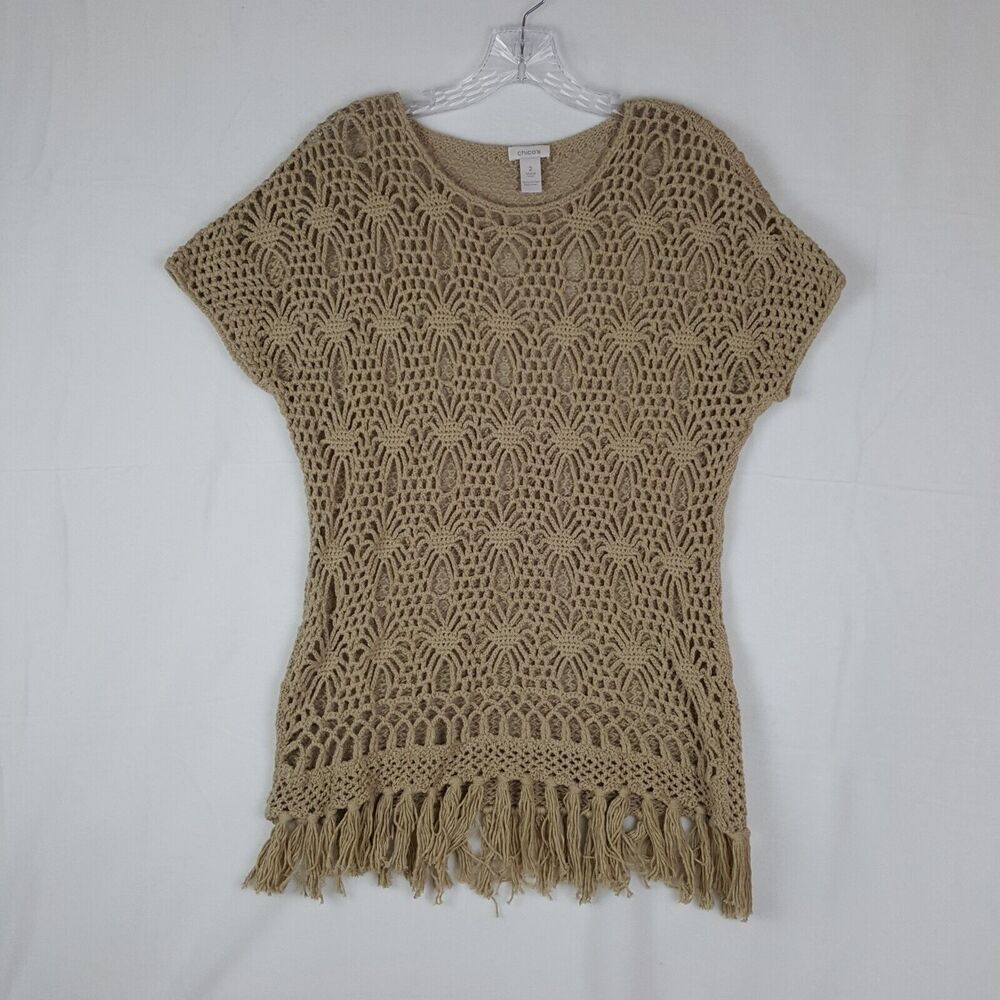 Chico’s Open Weave Crochet Pullover Tunic Brown Fringe Size 2 100% Cotton